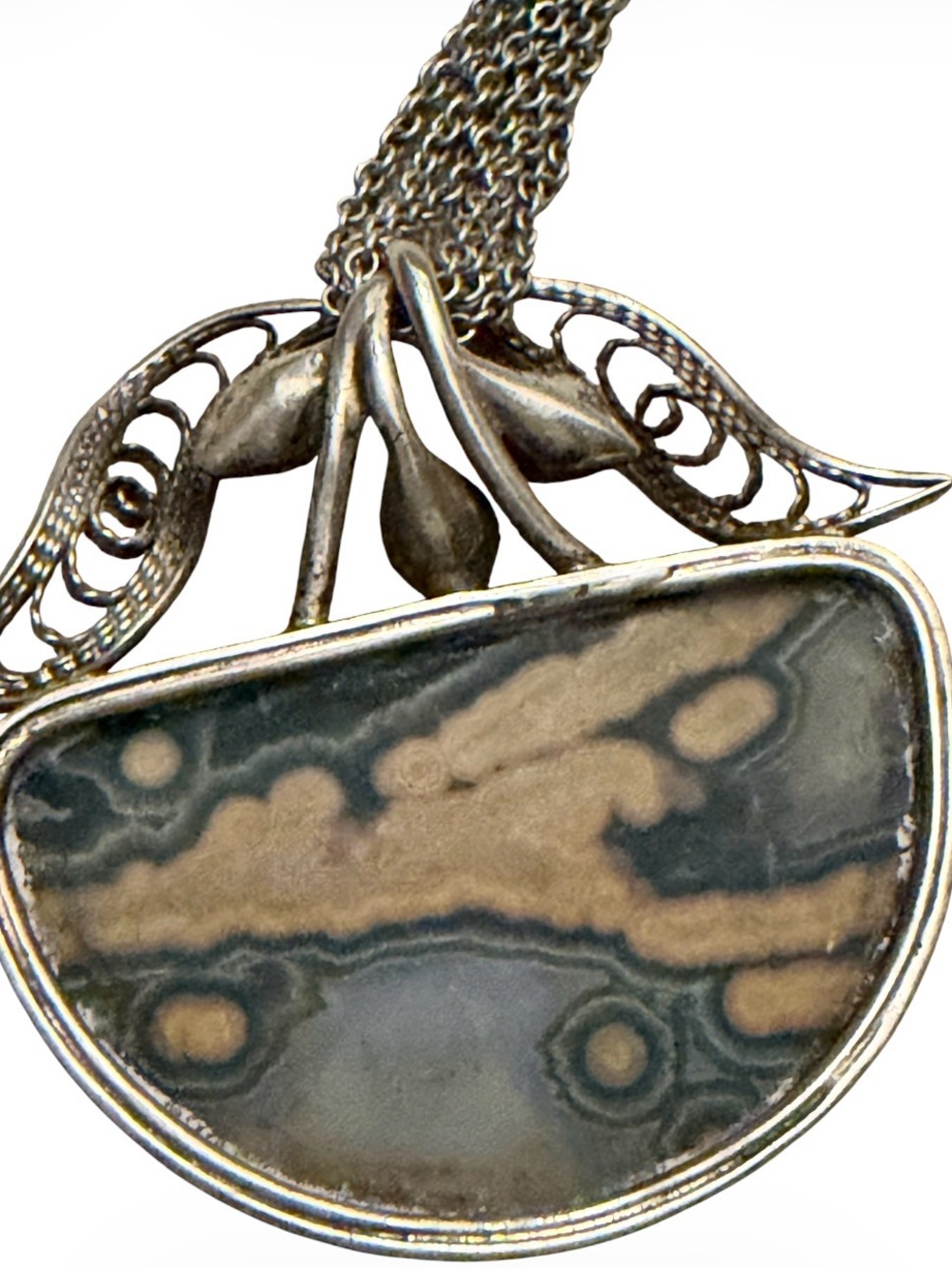 Sterling Silver Leaf and Ocean Jasper Pendant Necklace - Green - Picture 6 of 8
